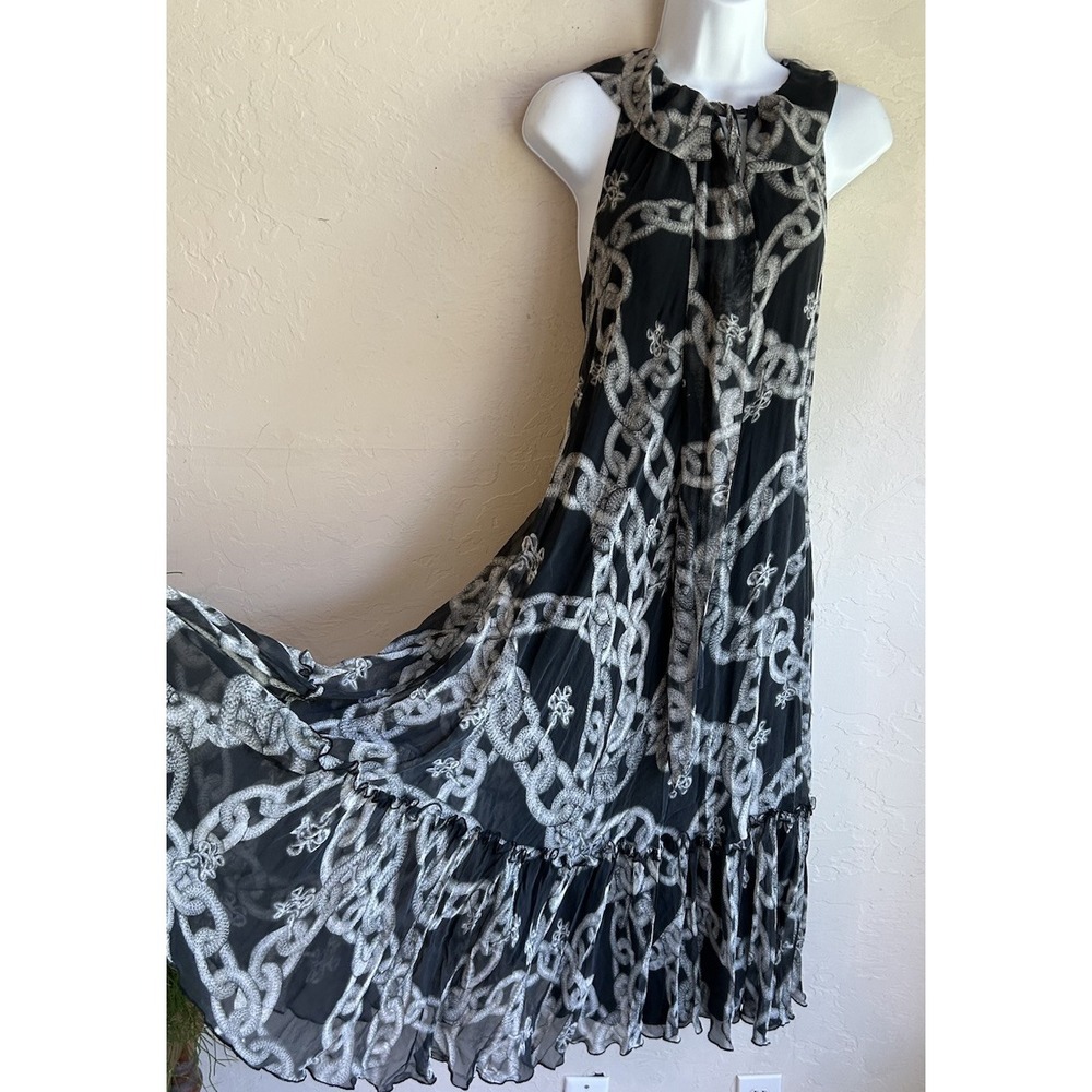 Diane Von Furstenberg 100% Silk Chain Scarf Print Bow Neck Midi Dress 4 A Line